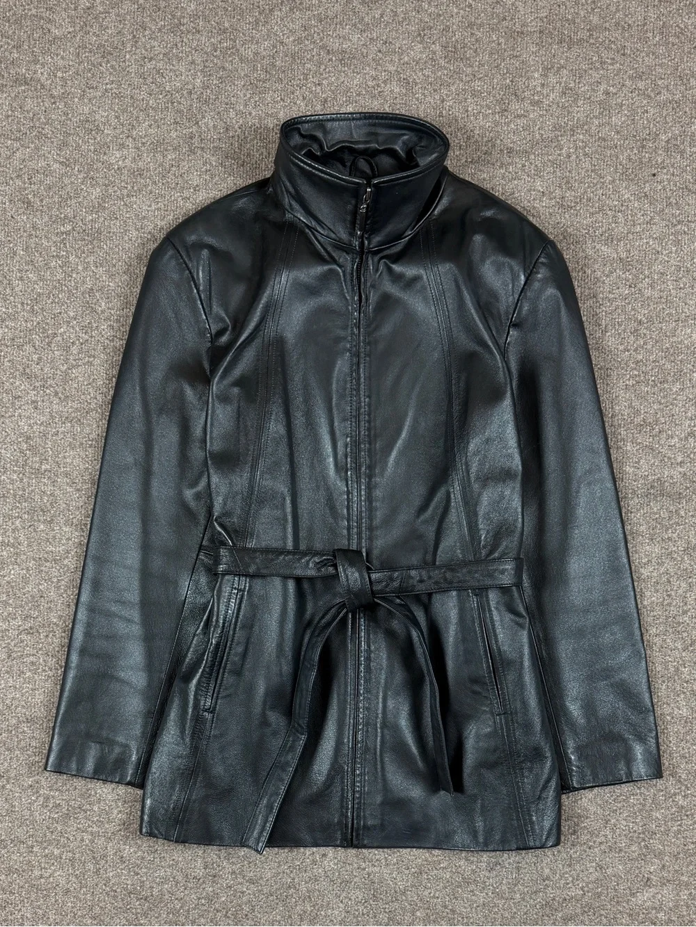 Vintage Black Genuine Leather Full Zip Belted Funnel Neck Jacket Women’s‎ Large
